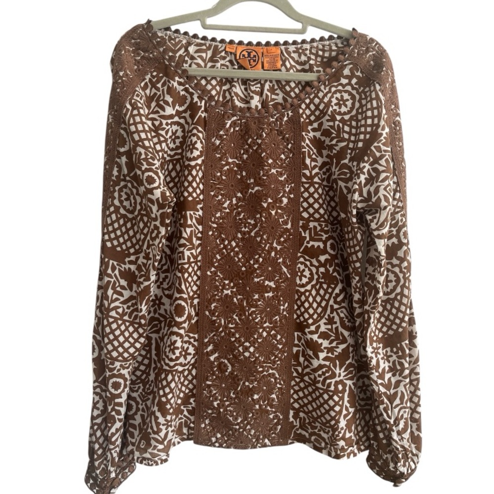 Tory Burch Embroidered Boho‎ Cotton Long Sleeve Peasant Blouse Size 6